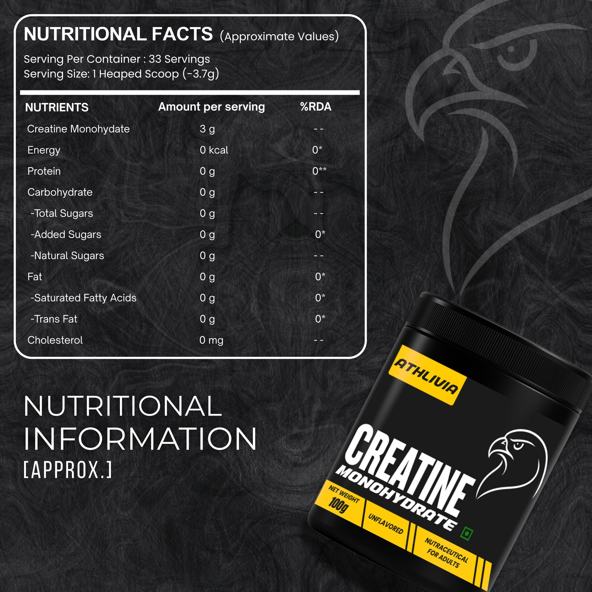 Athliva Creatine Monohydrate supplement container with nutritional facts on a dark background