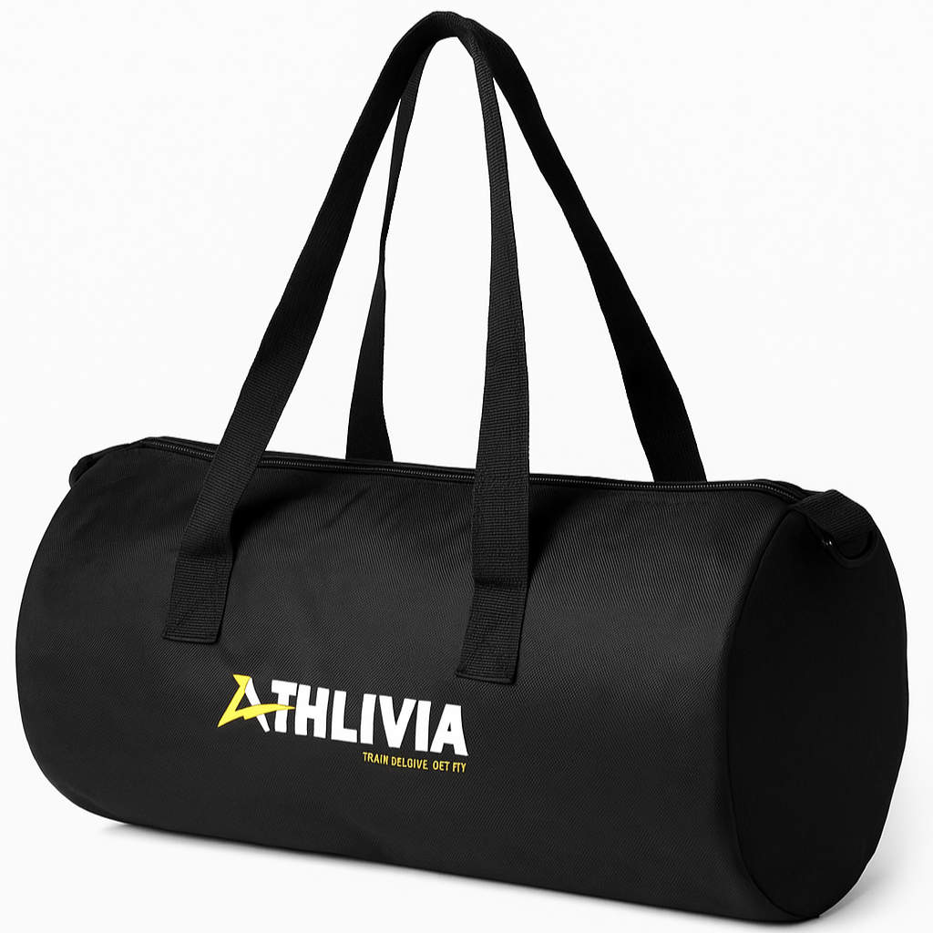 Black duffel bag with 'Athlivia' logo on a white background