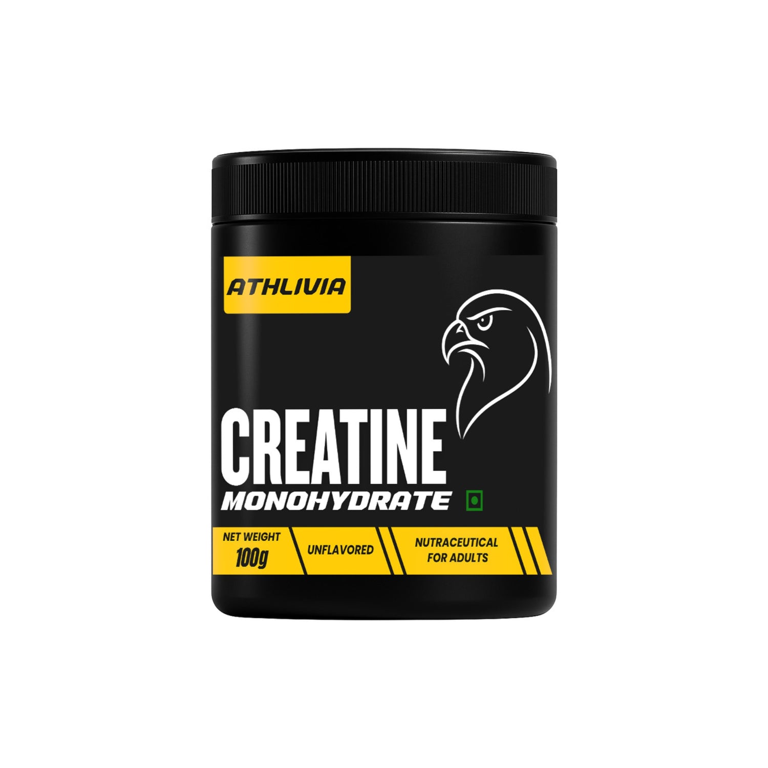 Athlivia Creatine Monohydrate 100g black container with yellow branding, featuring eagle logo, unflavored, nutraceutical for adults