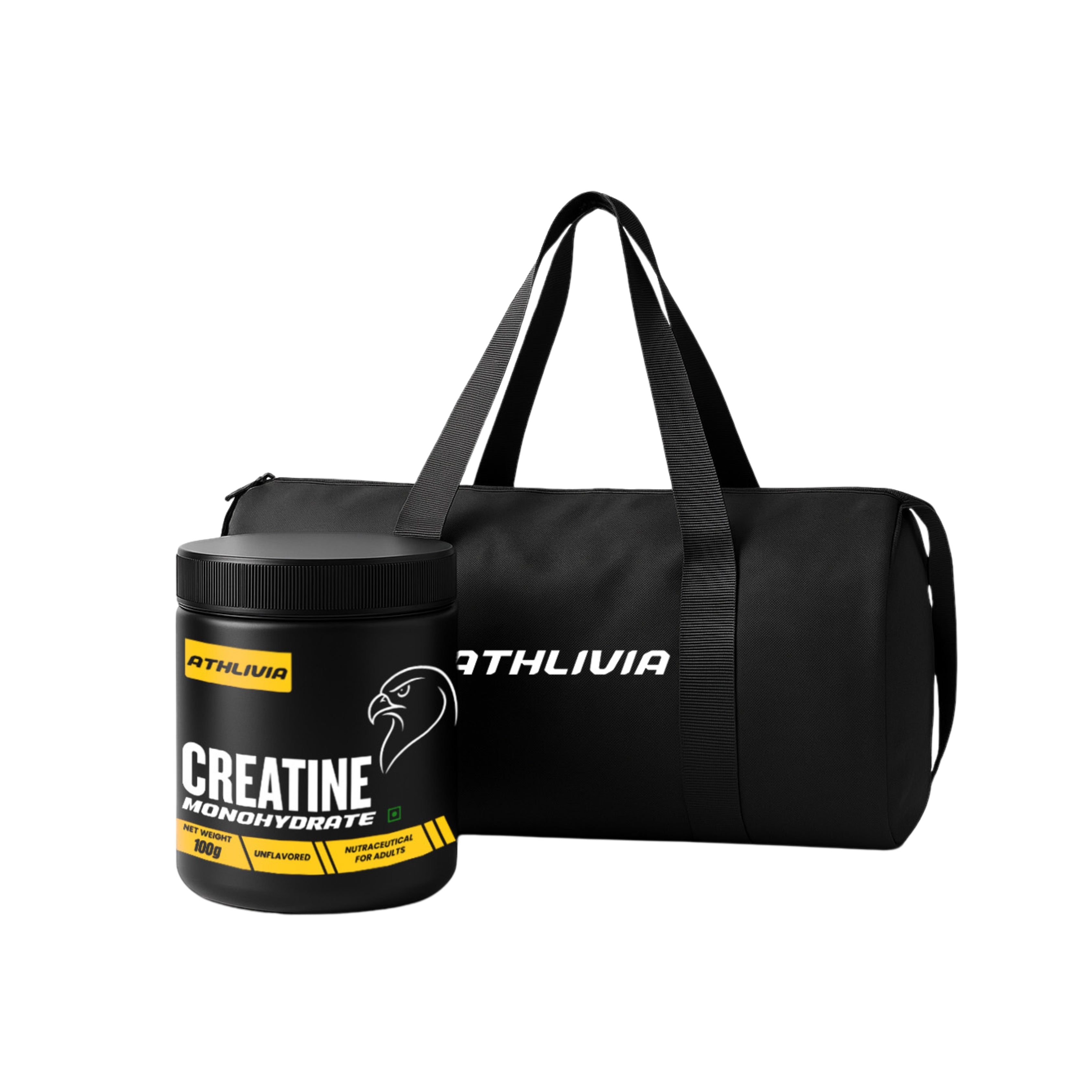 Athlivia Creatine Monohydrate 100g with Premium Gym Bag – Muscle Growth & Strength Combo