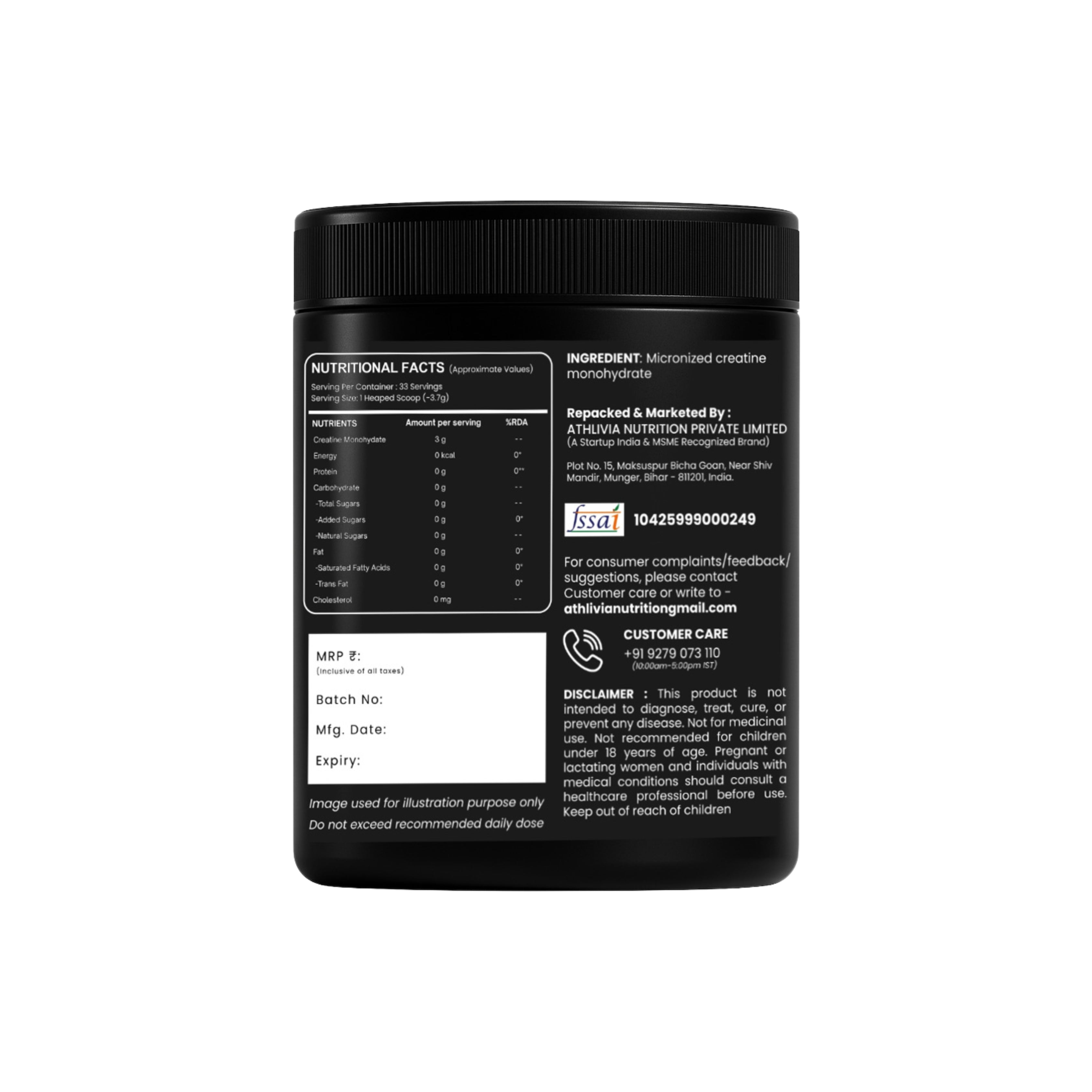 Athlivia Creatine Monohydrate back label with nutritional facts, ingredient list, FSSAI number, manufacturing details, customer care, and disclaimer