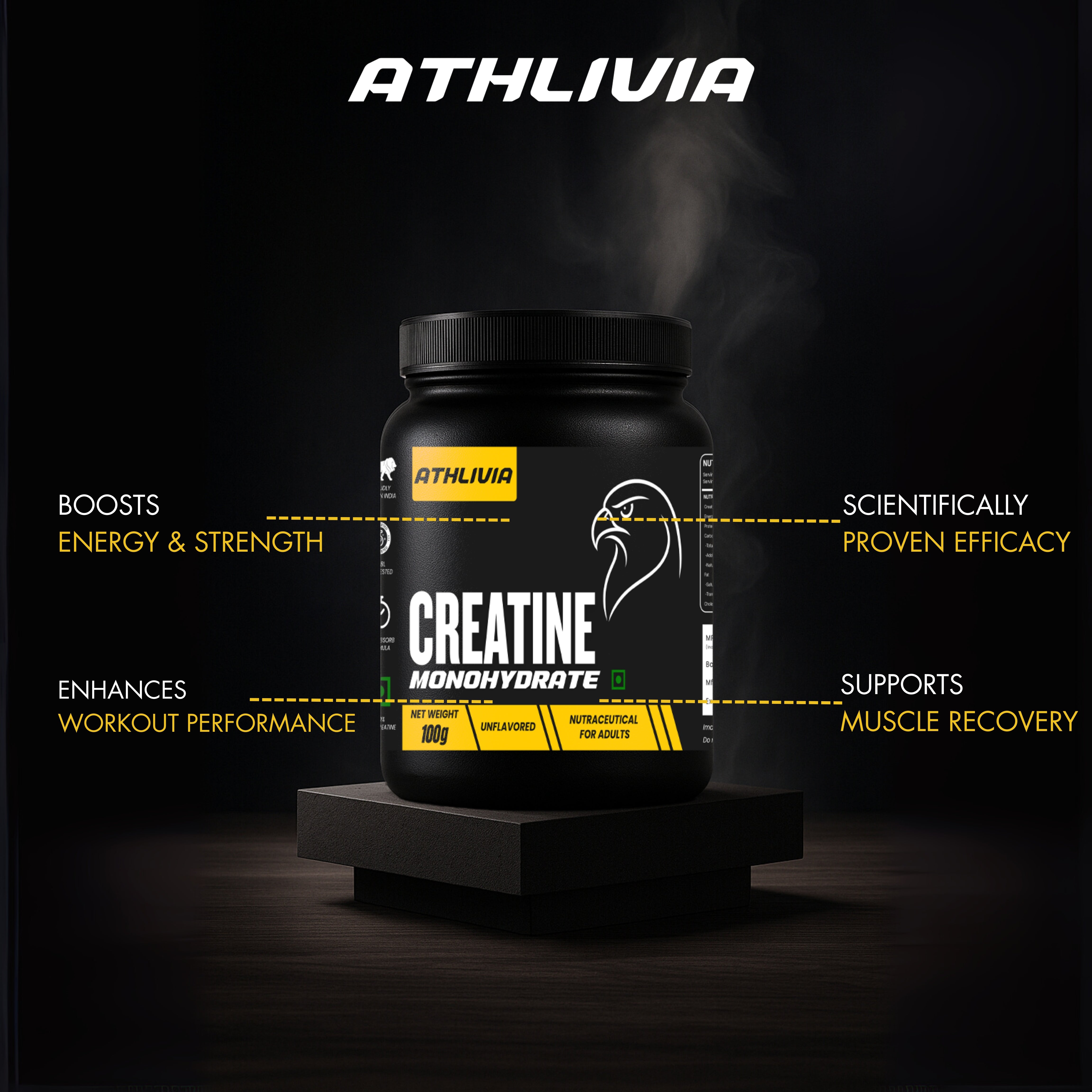 Athlivia Creatine Monohydrate supplement container on a dark background with text highlighting benefits.