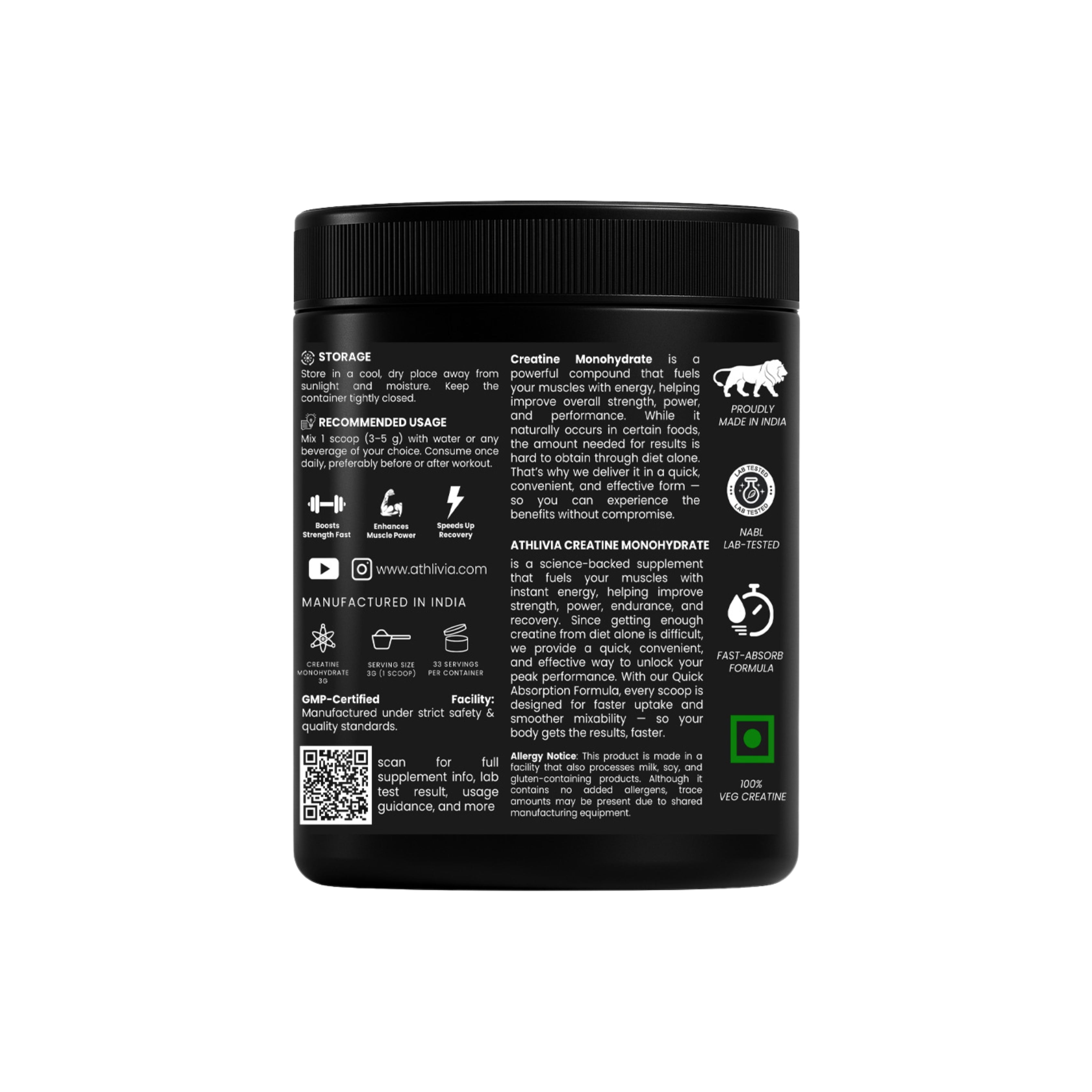 Athlivia Creatine Monohydrate supplement jar side view showing recommended usage, benefits like boosting strength, enhancing recovery, NABL lab-tested, and made in India