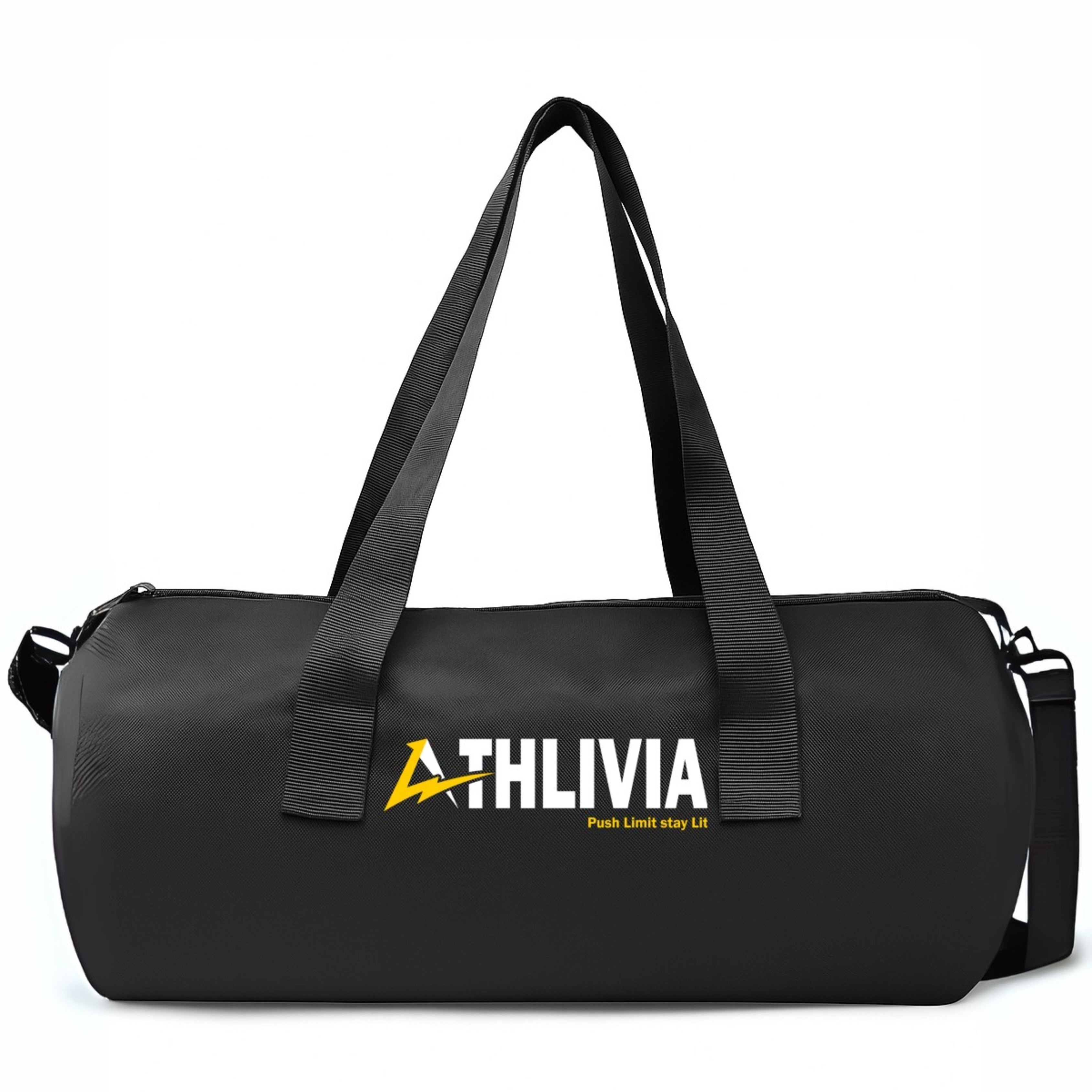 Black duffel bag with 'ATHLIVIA' logo on a white background