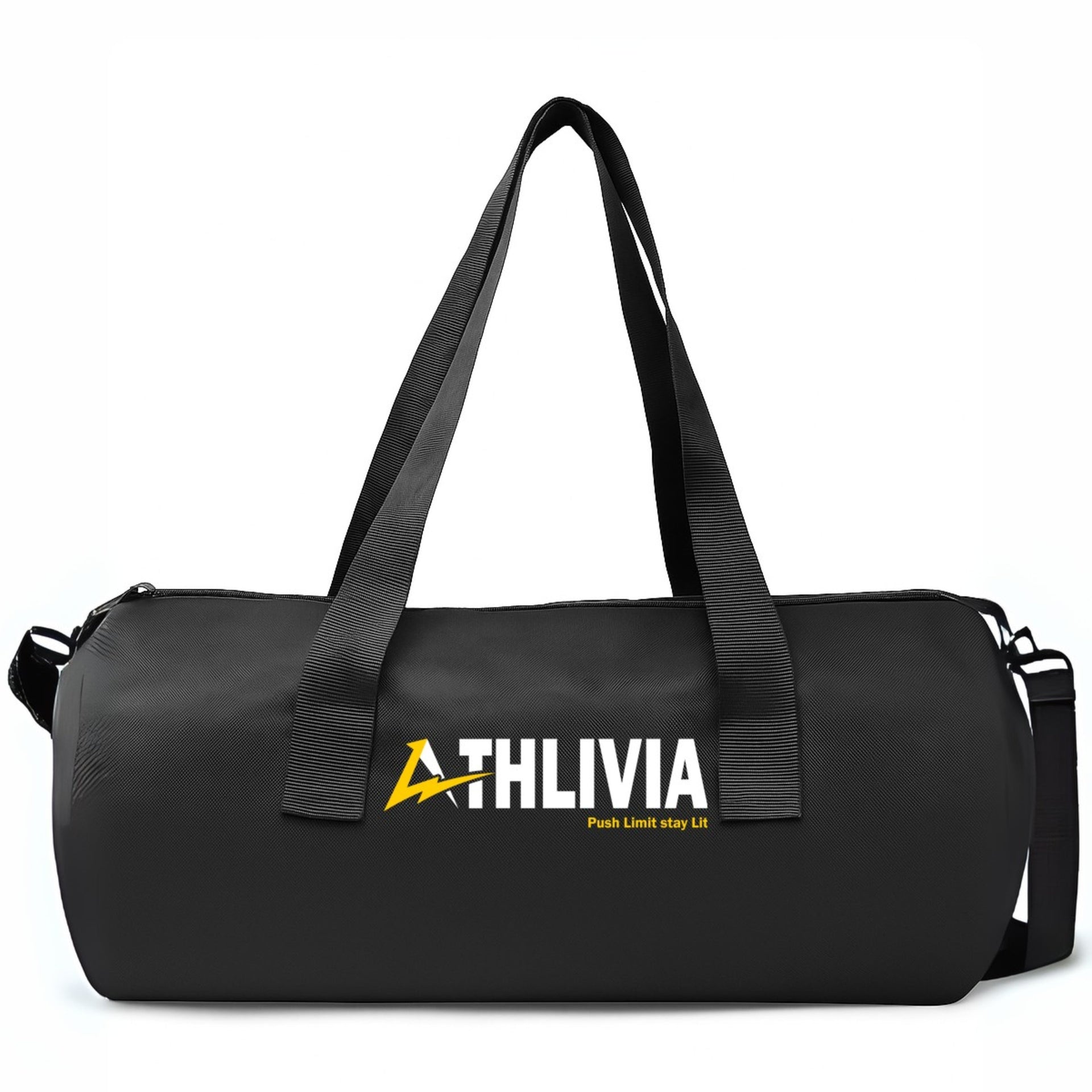 Black duffel bag with 'ATHLIVIA' logo on a white background
