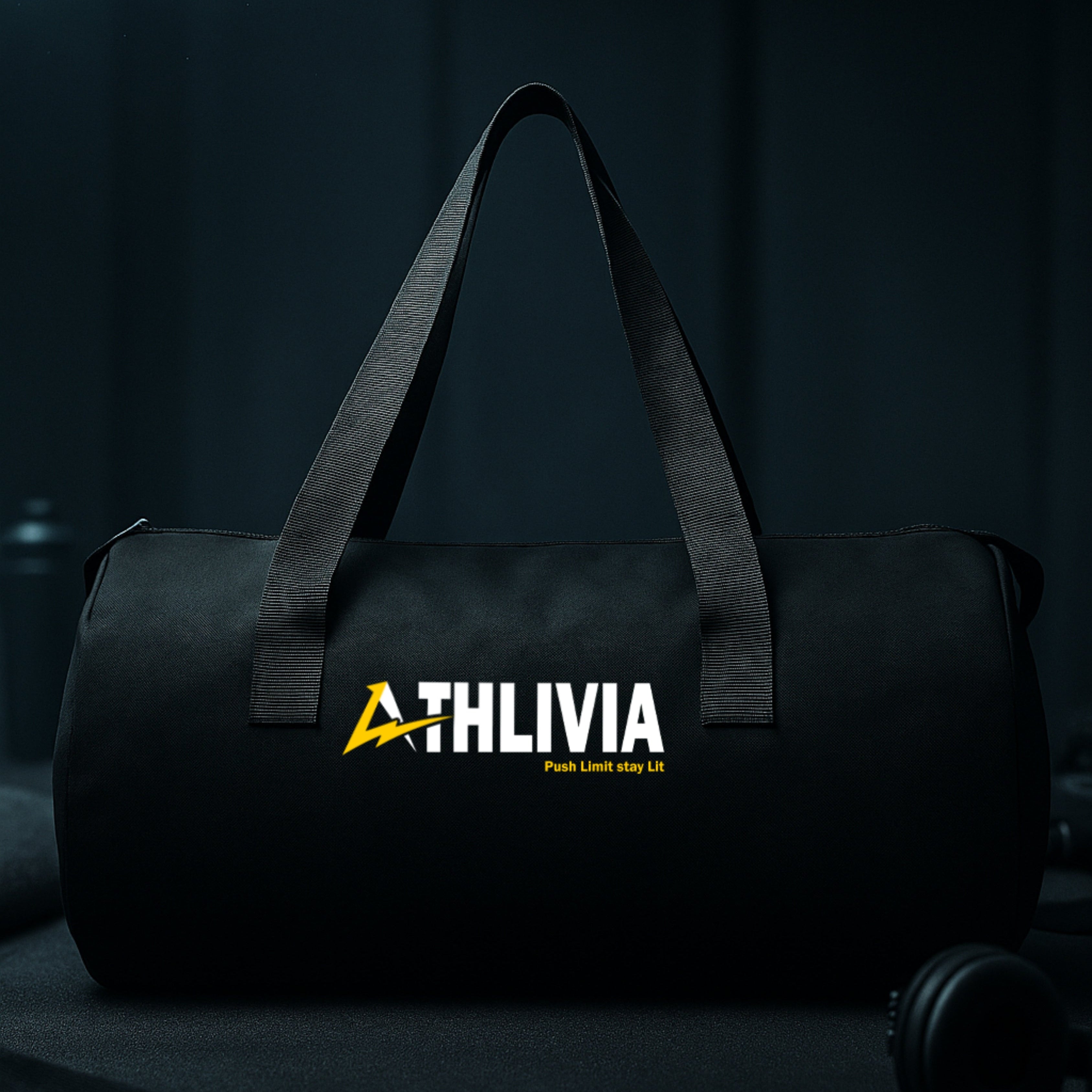 Black duffel bag with 'ATHLIVIA' logo on a dark background