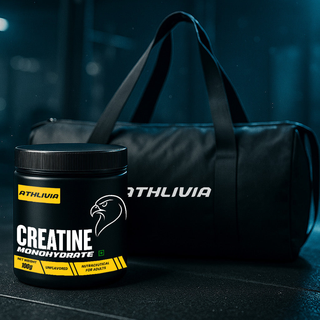 Athlivia Creatine Monohydrate supplement container with a black duffel bag in a gym setting